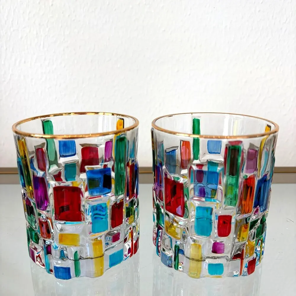 Hand Painted Italian Murano Crystal Whiskey Glasses 2pc 10oz Colorful Mosaic